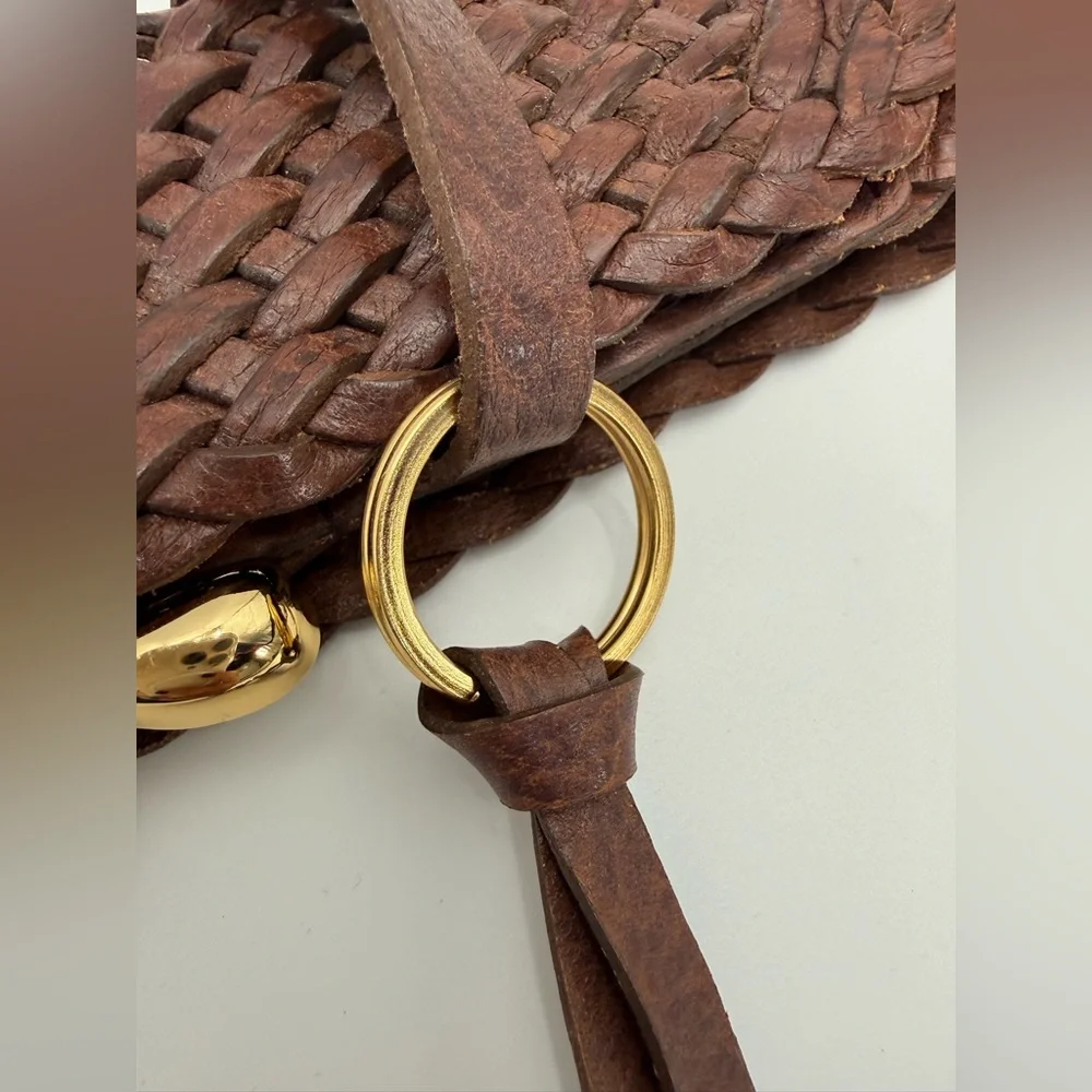 Michael Kors Brown Braided Leather Belt Gold Buckle Tassel Charm Boho Chic SZ M